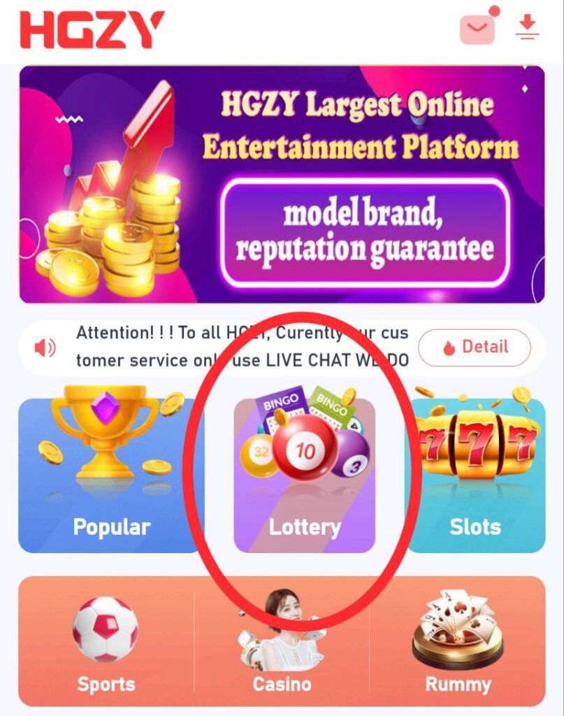 HGZY Game App Home Screen showing lottery, live casino, and real BDT Bonus free options